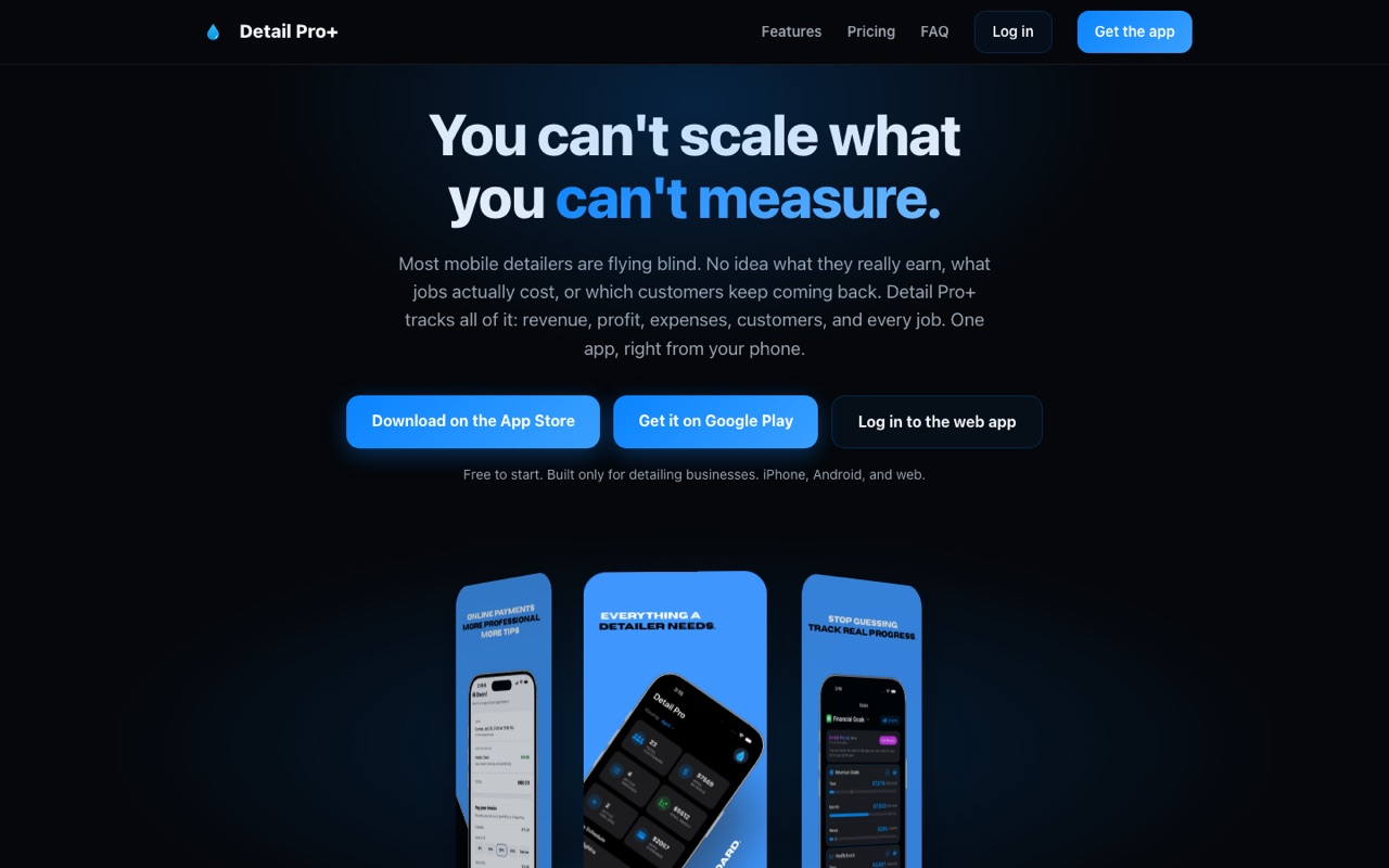 Detail Pro+, the app mobile detailers use to track jobs, revenue, and profit