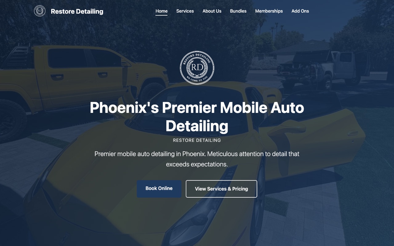 Website for Restore Detailing, a mobile detailing business in Phoenix, AZ
